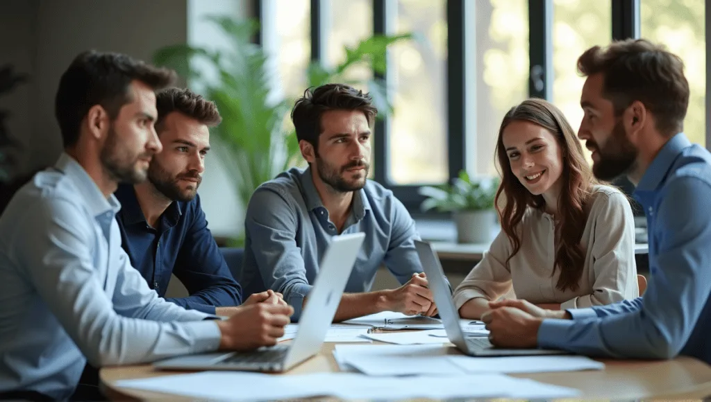 A team of professionals discussing project management around a conference table in a modern office.