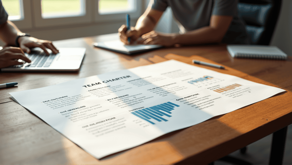 Team charter example on a wooden table with charts, text, pens, and a laptop.