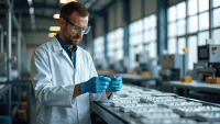 Quality control inspector in lab coat examining products on production line in industrial setting.