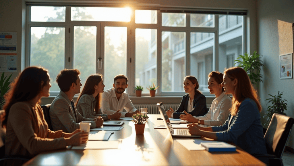 Professionals discussing productivity awards in a bright, organized office environment with motivational decor.