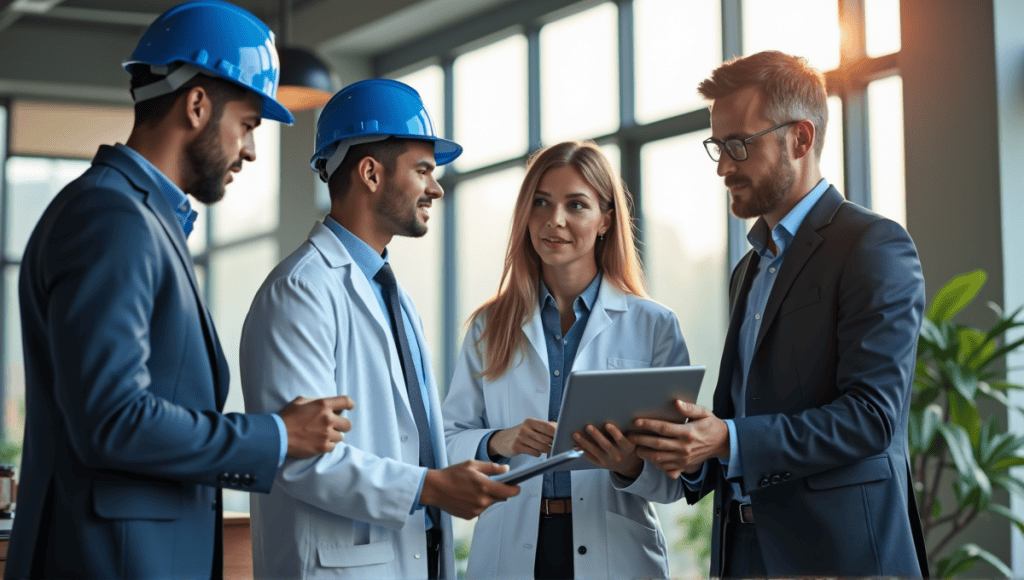 Engineers in professional attire collaborating in a modern office setting.