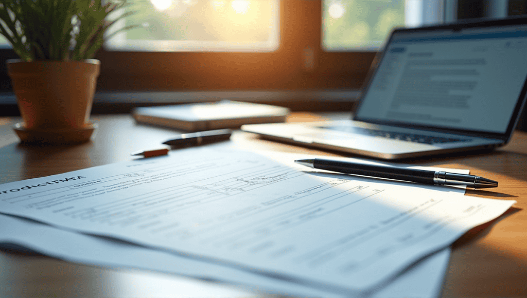 Professional workspace with FMEA templates, a laptop, stationery, and a wooden desk.