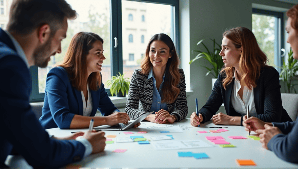 Group of professionals in a Scrum meeting using sticky notes and digital devices.