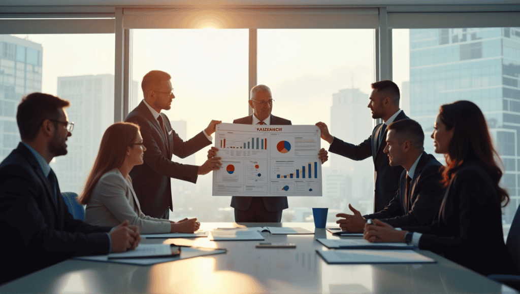 Group of government officials discussing Kaizen initiatives at a conference table with charts.