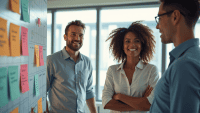 Team members collaborating around a Kanban board in a bright, modern office setting.