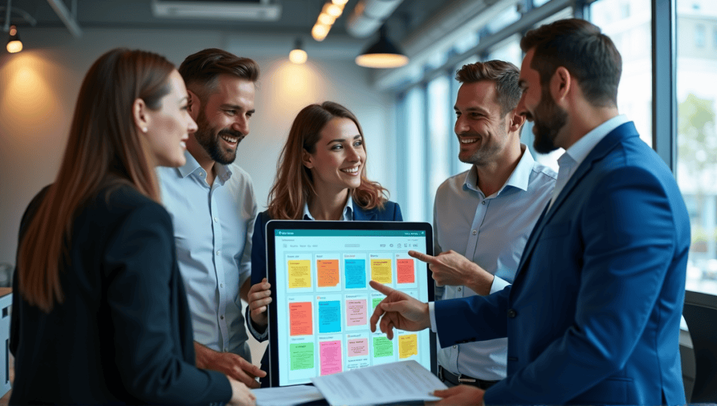 Team collaborating around a digital display with colorful task cards in a modern office.