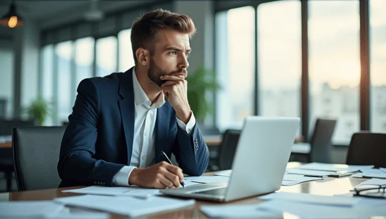 Business professional in a white shirt and navy blazer, deep in thought at a conference table.