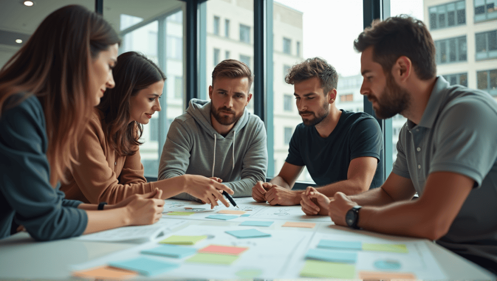 Agile team members collaborating during a sprint planning session around a table with charts.