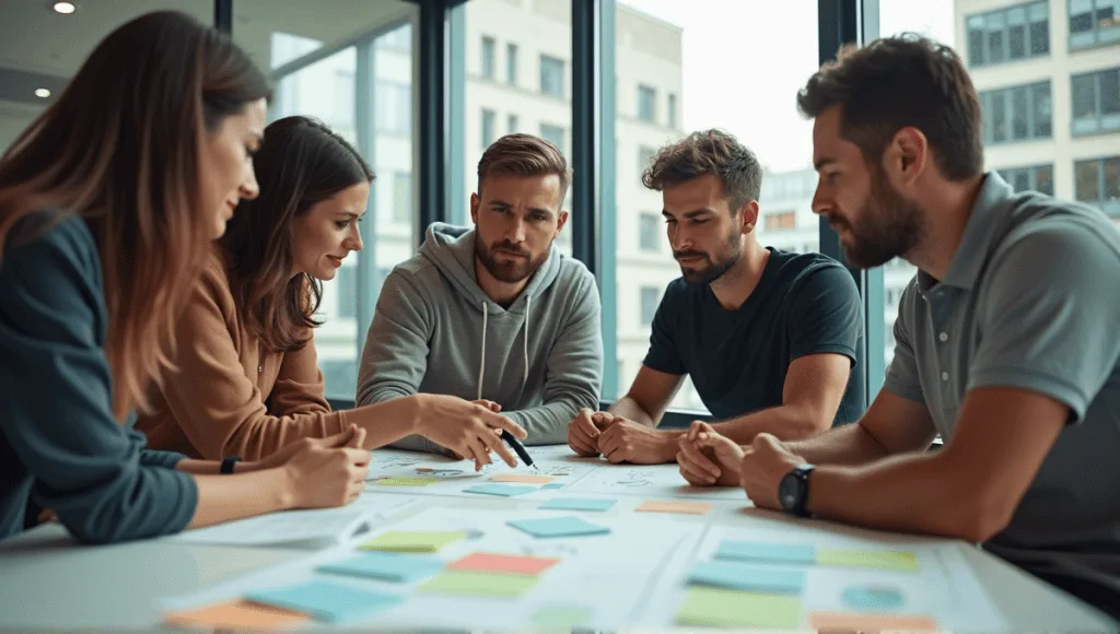 Agile team members collaborating during a sprint planning session around a table with charts.