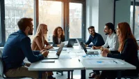 Team of professionals collaborating around a table filled with charts and laptops in a modern office.