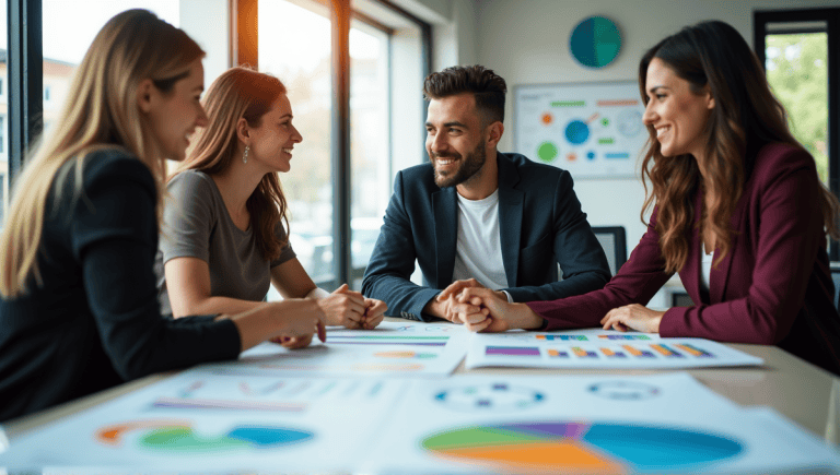 Professionals collaborating at a table with charts and metrics in a modern office setting.