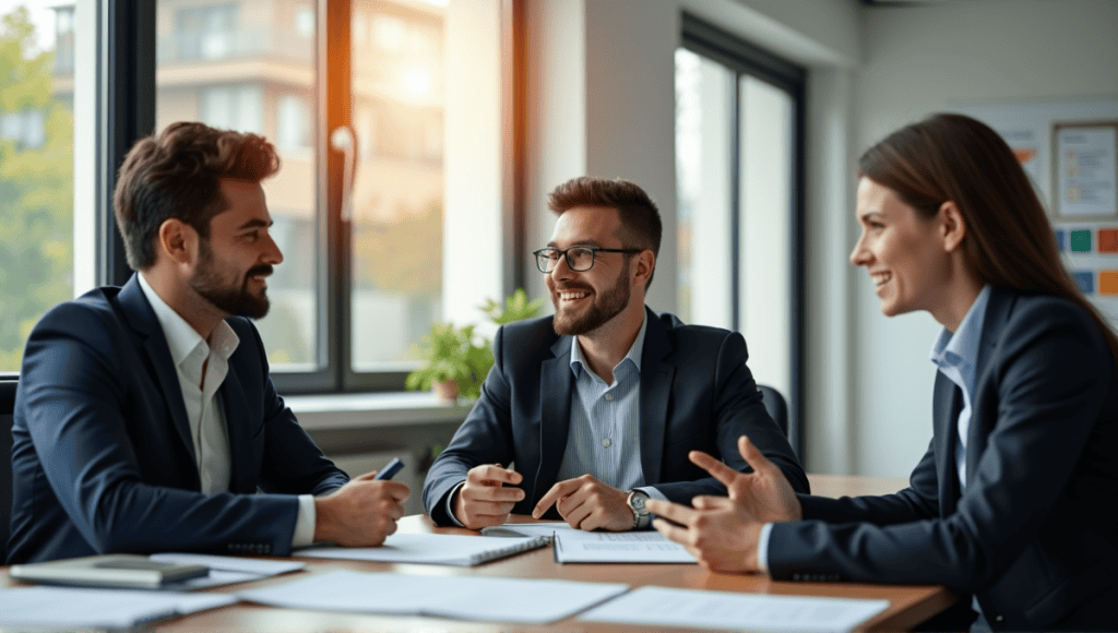 Professionals in business attire collaborate in a modern office on quality management strategies.