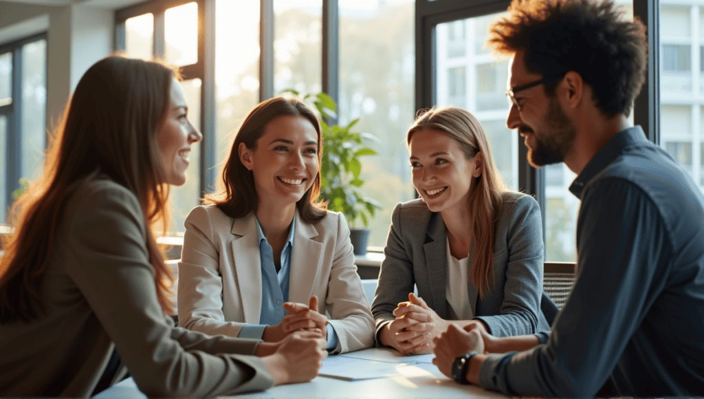 Group of professionals engaged in dynamic discussion in a collaborative workspace.