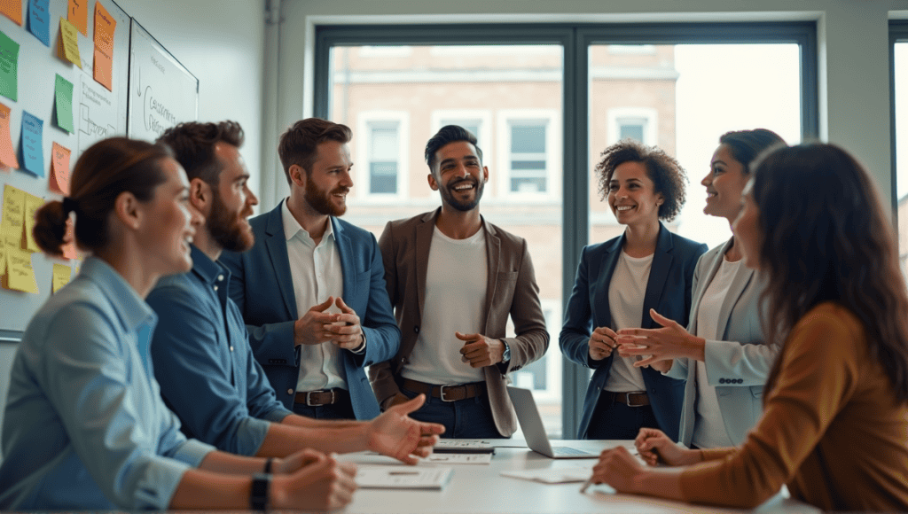 Agile team in smart casual attire discussing ideas in a modern office setting.