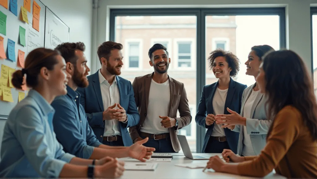 Agile team in smart casual attire discussing ideas in a modern office setting.