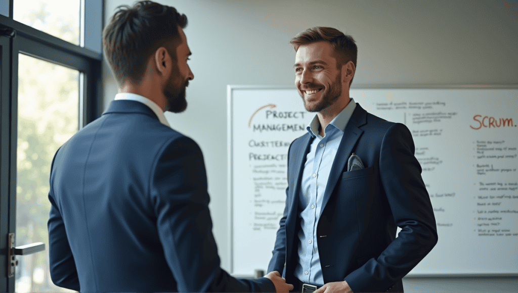 Two individuals discussing project management strategies in a modern office setting.