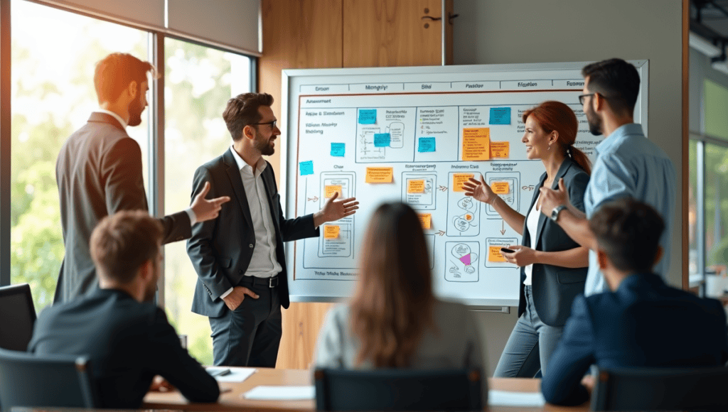 Team of professionals collaborating around a whiteboard during an agile transformation process.