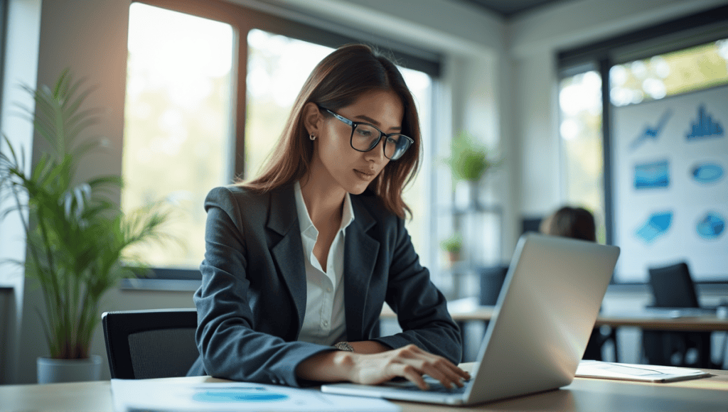 Focused professional in smart casual attire analyzing data in a modern office workspace.