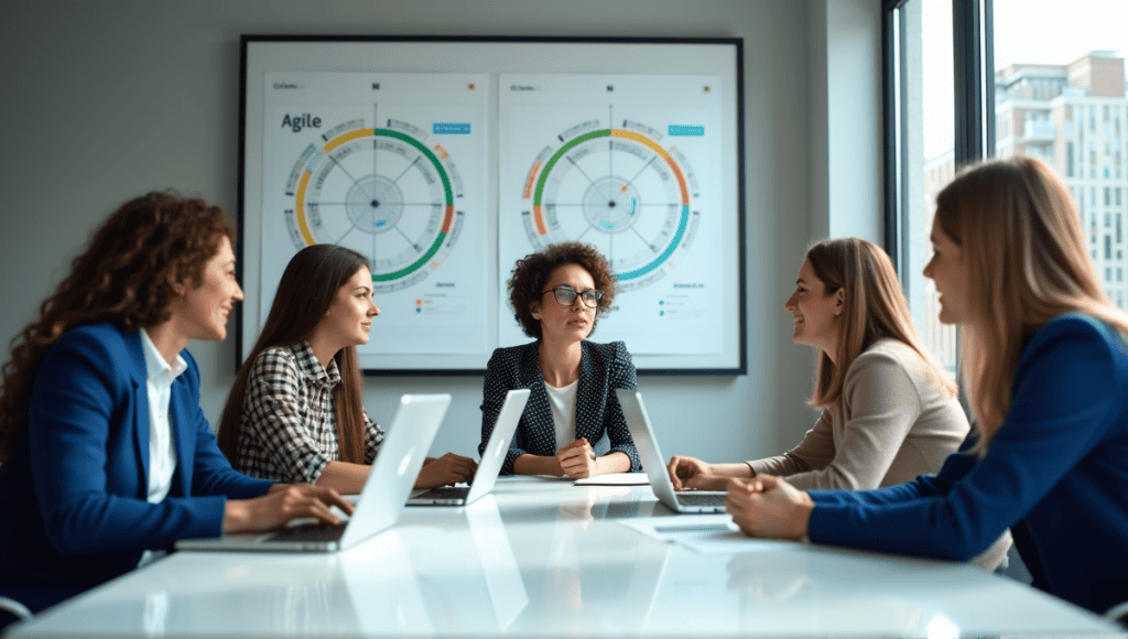 Business analysts collaborating in a modern conference room with laptops and Agile charts.