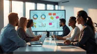 Group of business analysts collaborating at a conference table with laptops and charts.