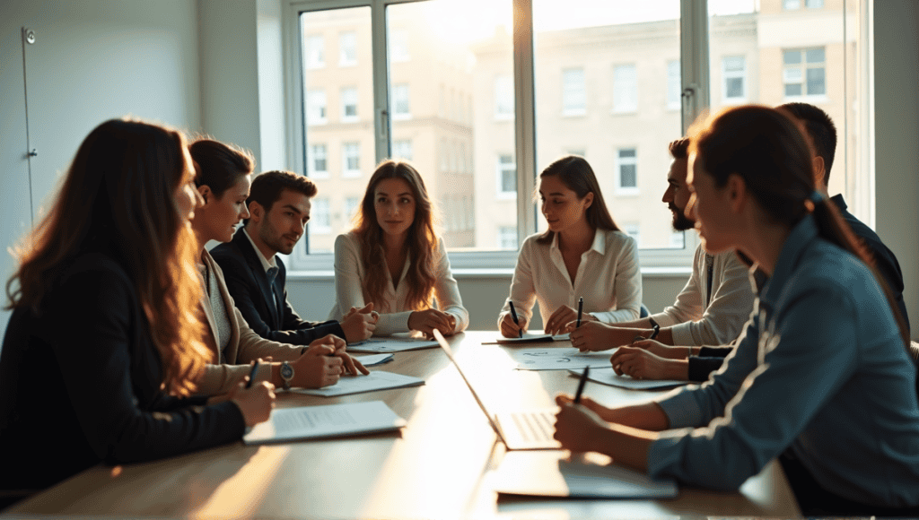 Group of professionals collaborating in a modern conference room during a Kaizen workshop.