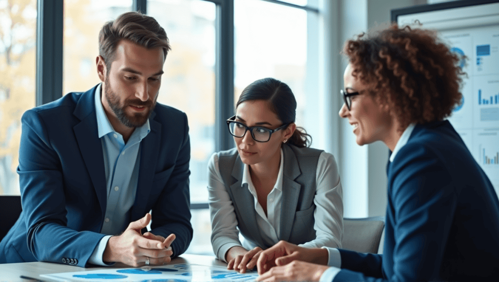 Team of professionals in business attire analyzing customer satisfaction metrics in a modern office.