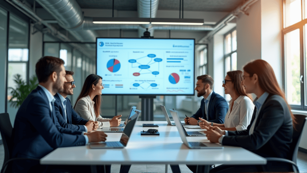 Group of professionals discussing agile supply chain management around a conference table with digital screens.