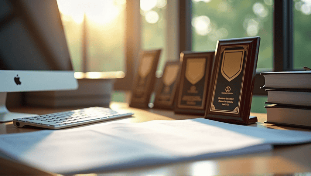 Professional workspace with organized desk, computer, award plaques, and documents for productivity awards.