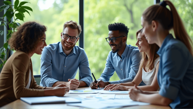 Team of professionals in business casual attire collaborating in a modern office setting.