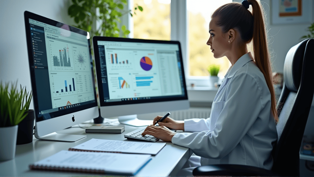 Individual in lab coat analyzing data on computer in a research workspace.