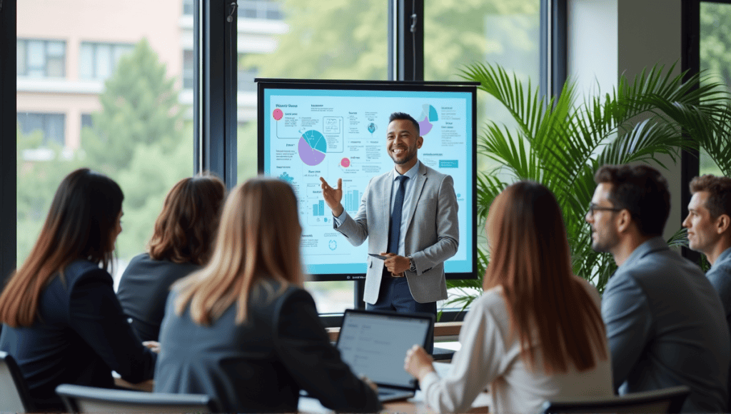 Group of employees engaged in collaborative discussion, presenting ideas on a digital screen.