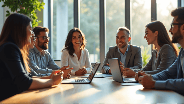 Group of professionals collaborating around a conference table with laptops and tablets in an office.