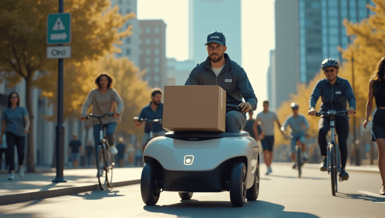 Busy urban delivery scene with a uniformed person and automated delivery vehicle amidst pedestrians and cyclists.