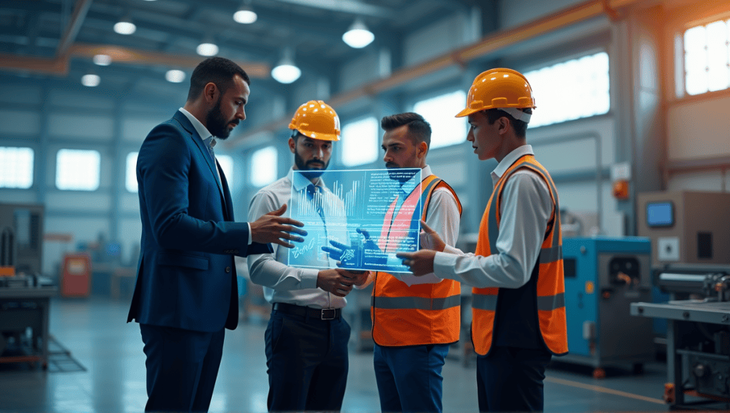 Industrial professionals collaborating around a digital dashboard in a high-tech factory setting.