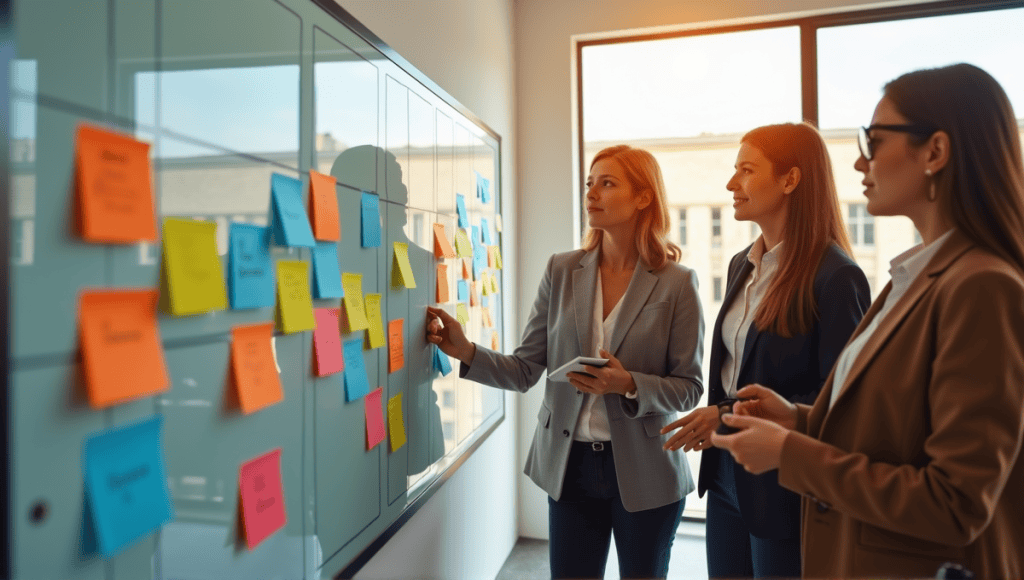 Group of professionals collaborating around a Kanban board in a bright office.