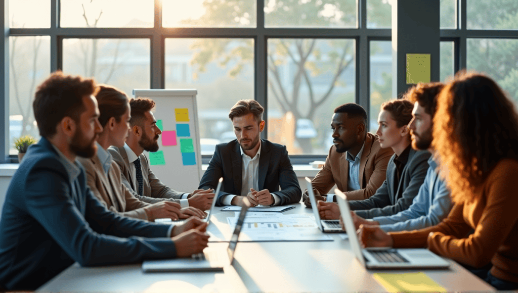 Professional team collaborating at a large table in a modern office setting.