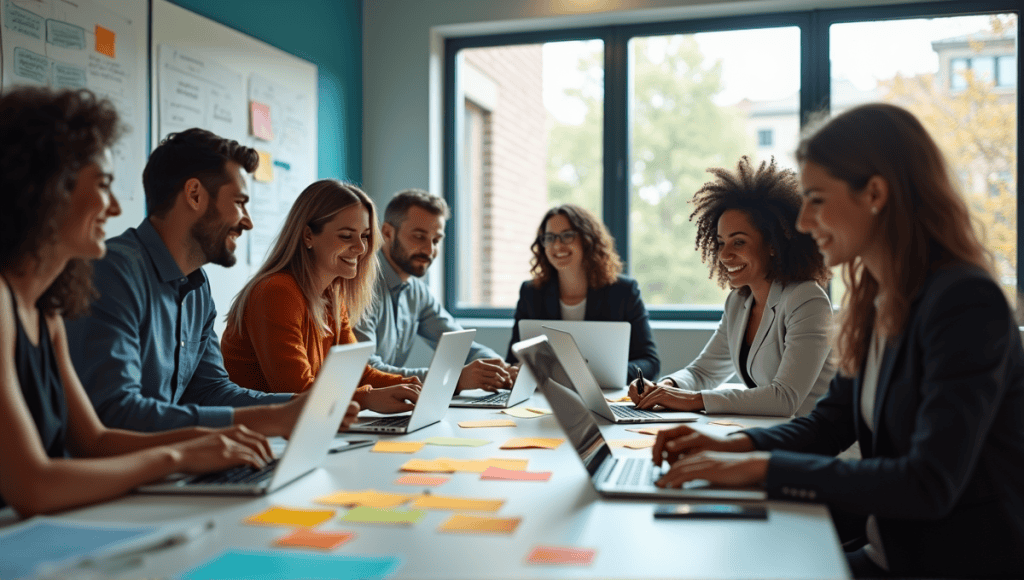 Professionals collaborating around a table with sticky notes and laptops in a modern office.