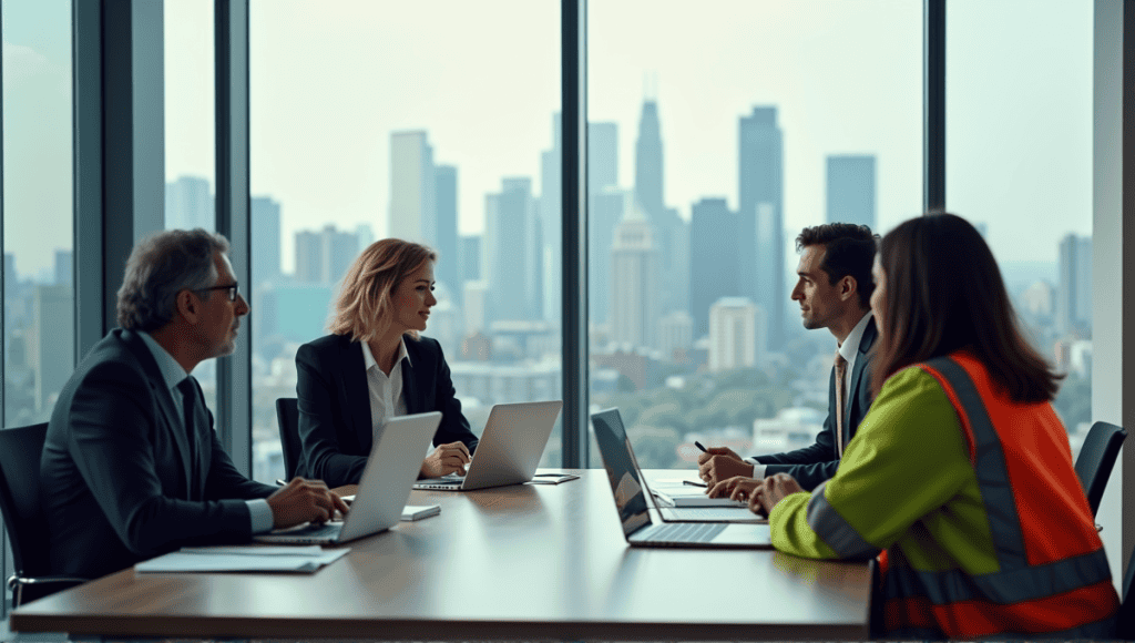 Professionals in a meeting discussing crisis response strategies at a conference table.