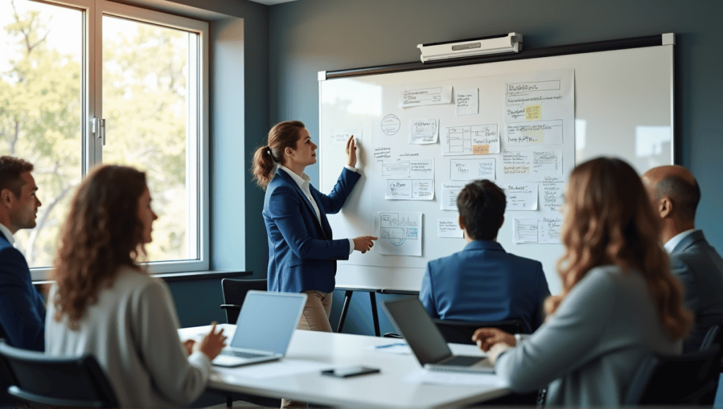 Group of professionals collaborating in a modern conference room with project diagrams on whiteboard.