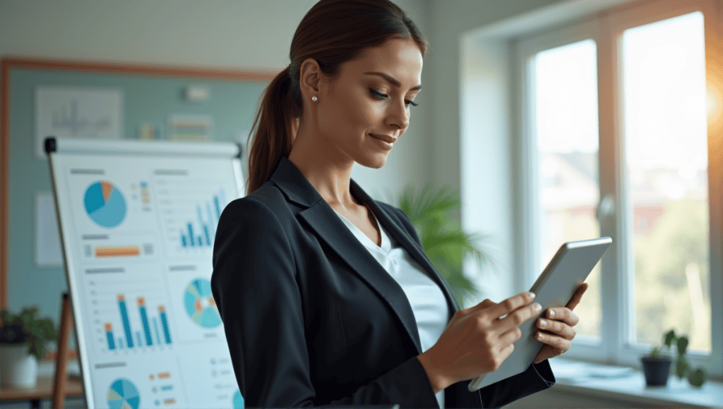 Confident businesswoman in tailored suit analyzing data on tablet in professional workspace.