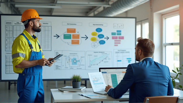 Engineer in blue overalls with Scrum diagrams beside a suited worker with waterfall plans.