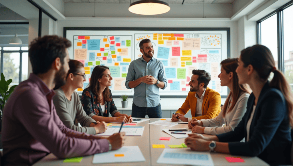 Group of individuals brainstorming with mind maps and sticky notes in a modern office.