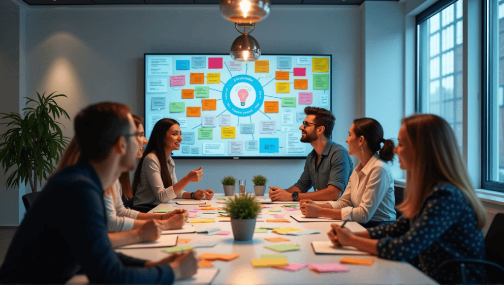 Group of professionals brainstorming with sticky notes and digital screens in a modern office.