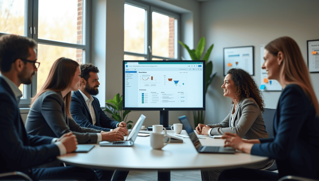 Professionals collaborating at a conference table, focused on Agile issue tracking software.