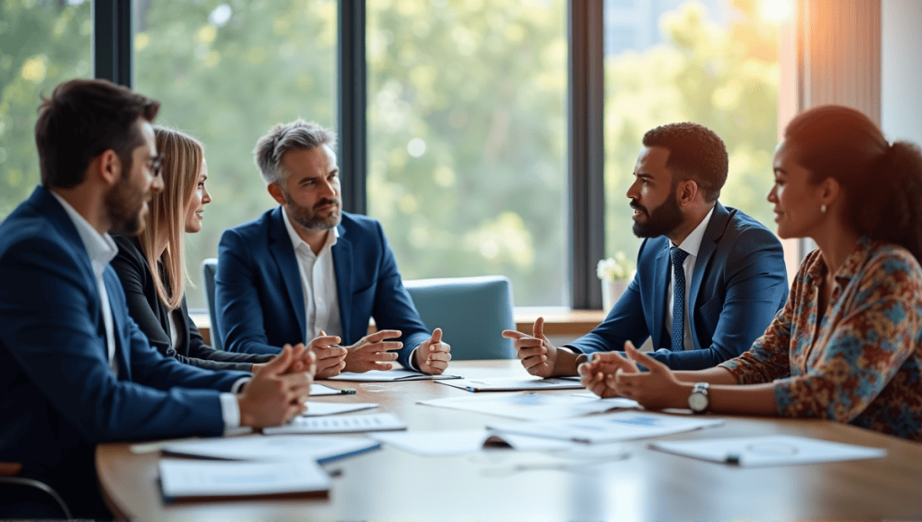 Professionals in business attire collaborating in a modern conference room brainstorming solutions.