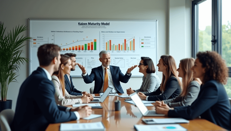 Group of professionals brainstorming with charts and whiteboards in a modern office setting.