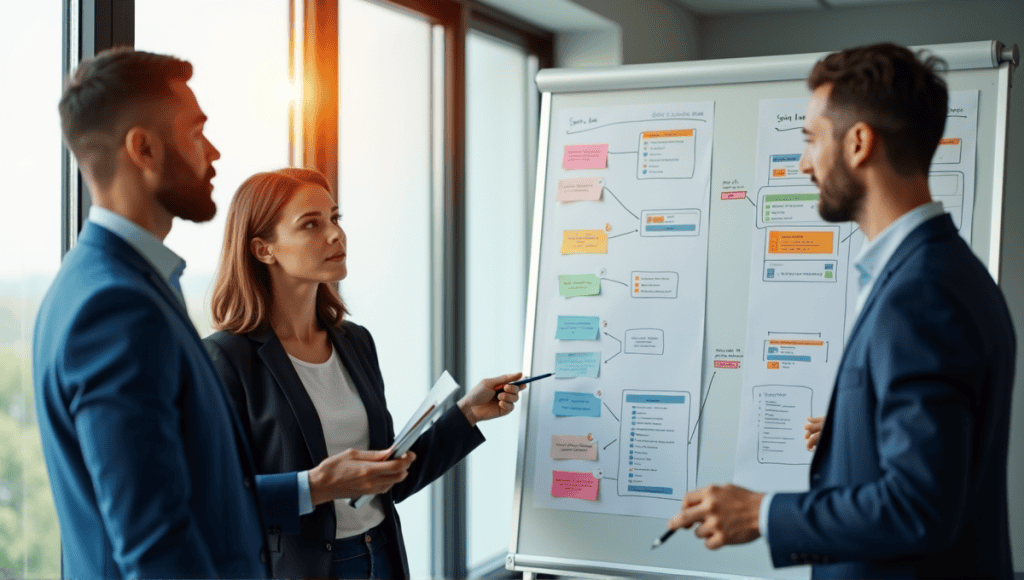 Professionals collaborating around a whiteboard with diagrams and colorful notes in an office.