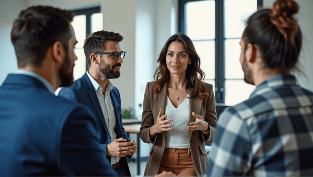 Group of professionals discussing Behavior Driven Development in a modern office setting.