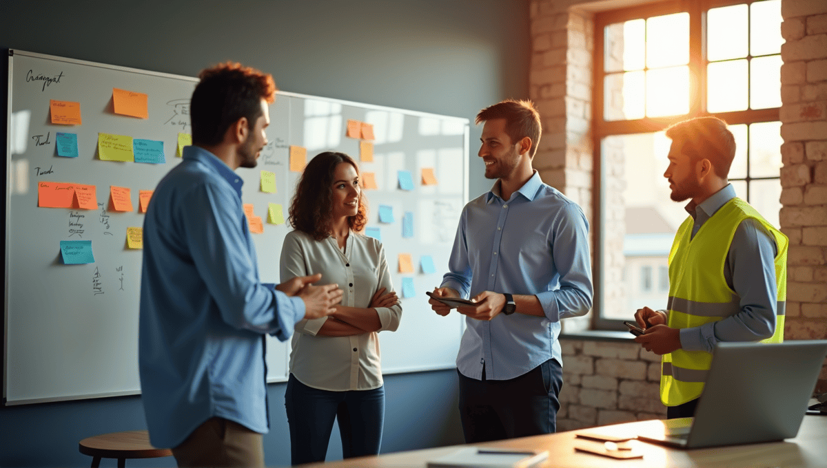 Dynamic workspace with professionals collaborating on agile project management, surrounded by sticky notes and diagrams.