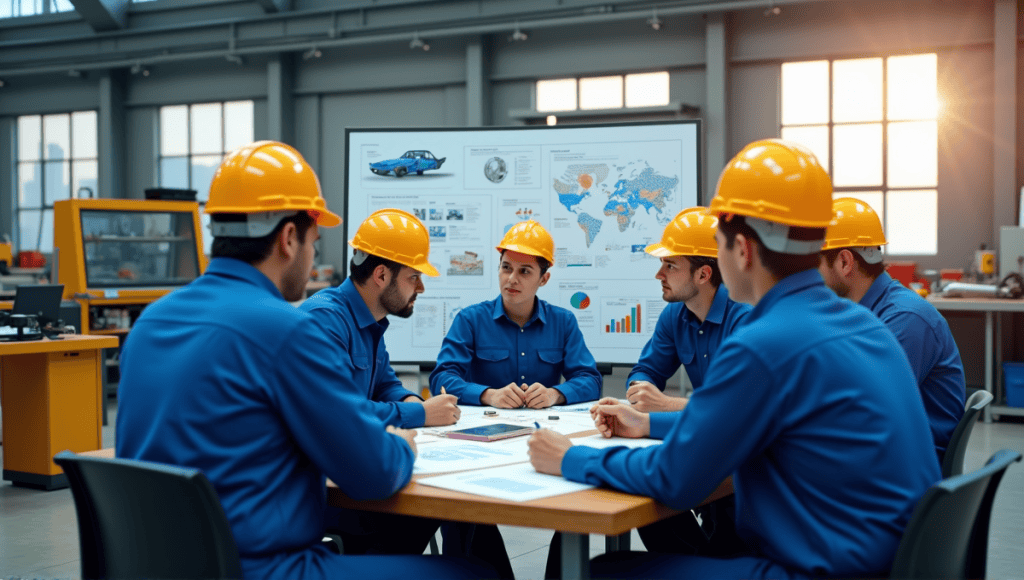 Engineers in blue overalls brainstorm Kaizen challenges with charts in a modern workshop.